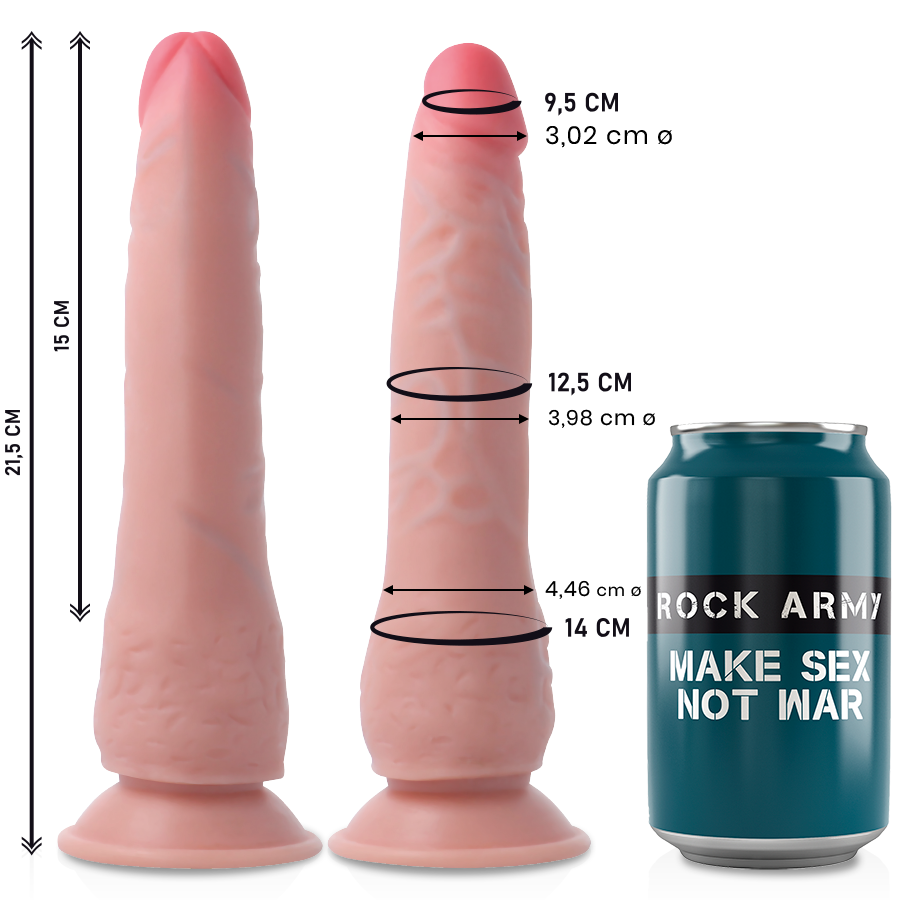 Dildo realista ROCKARMY Crusader Dual Density com ventosa, 21.5 cm, mostrando a textura e formato natural.