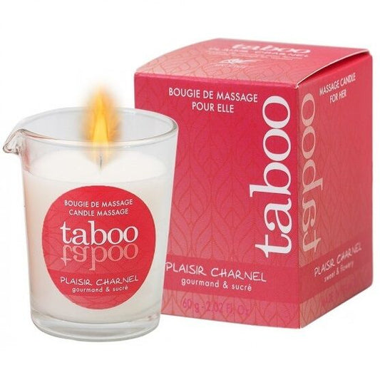 Vela de massagem RUF Taboo com aroma de flor de cacau em recipiente de vidro, pronta para uso.