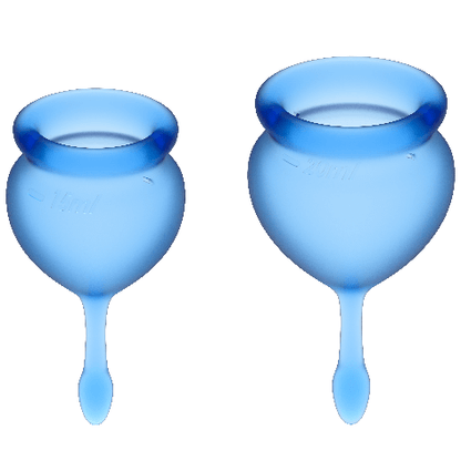 Copo menstrual Satisfyer Feel Good Duo azul escuro, mostrando os dois tamanhos de 15 e 20 ml