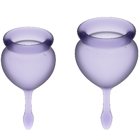 Copo menstrual Satisfyer Feel Good Duo azul escuro, mostrando os dois tamanhos de 15 e 20 ml