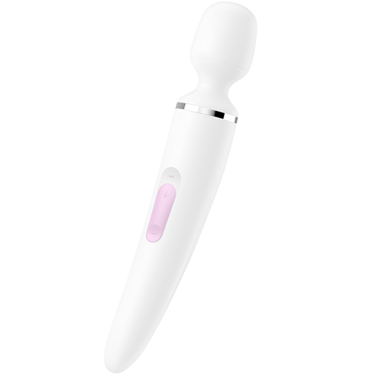 Close-up do Satisfyer Massageador Wand-er Woman XXL Branco, mostrando sua forma ergonômica e material de silicone.