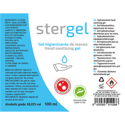 STERGEL - GEL HIDROALCOHÓLICO HIGIENIZANTE DE MANOS CON ALOE VERA 100ML 