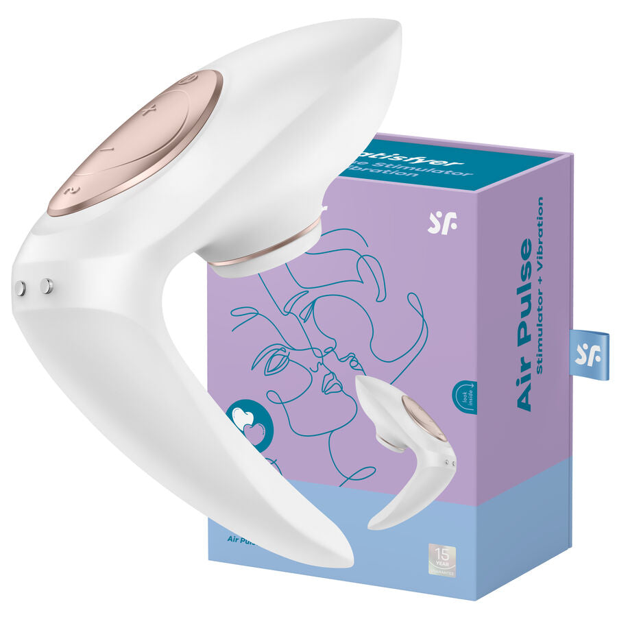 Close-up of the Satisfyer Pro 4 Casais Edição 2020, showing its ergonomic design and silicone head for dual stimulation.