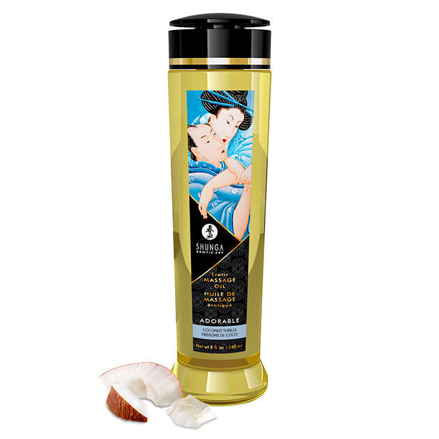 Close-up of the SHUNGA Óleo de Massagem Erótica Adorável Coconut Emotions 240 ML, showcasing its elegant bottle and luxurious texture.