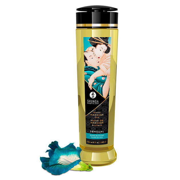 Frasco de Óleo de Massagem Erótica Sensual SHUNGA 240ml com aroma de Flores da Ilha, ideal para momentos íntimos.