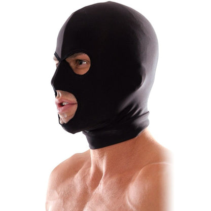 Capuz Spandex de 3 Furos FETISH FANTASY SERIES para jogos BDSM, mostrando o design ajustável e confortável.