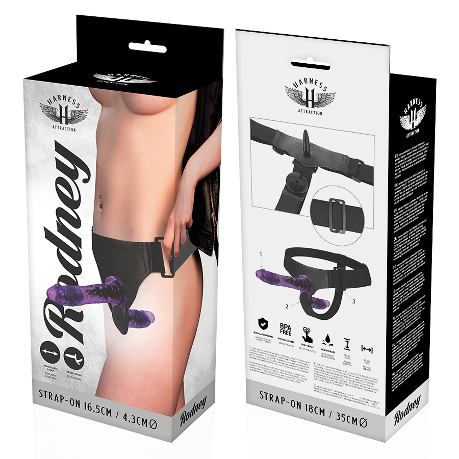 Close-up of the HARNESS ATTRACTION Vibrador Arnês Dupla Penetração Rodney 18cm, showing its adjustable straps and dual stimulating ends.