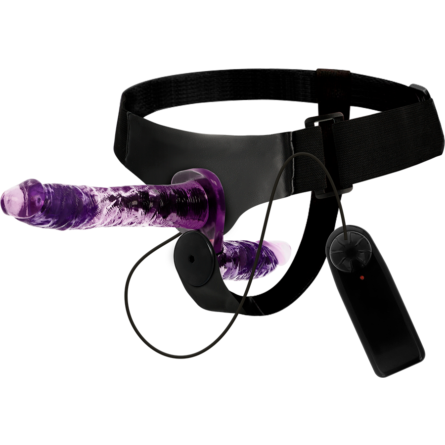 Close-up of the HARNESS ATTRACTION Vibrador Arnês Dupla Penetração Rodney 18cm, showing its adjustable straps and dual stimulating ends.