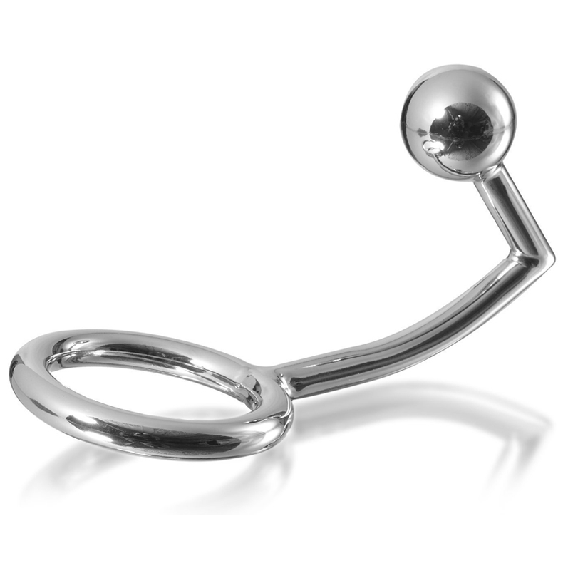 Close-up do METAL HARD Anel Peniano com Gancho Anal de Aço Cirúrgico 45mm, mostrando o anel e a bola anal.