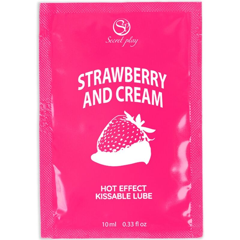 Embalagem do SECRETPLAY Lubrificante e Óleo de Massagem Dose Única Morangos e Creme 10ml.