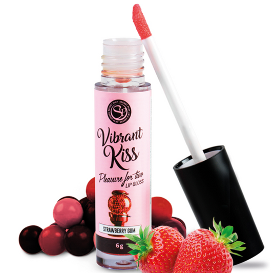 Embalagem do Lip Gloss Vibrante Kiss SecretPlay Chicle de Fresa