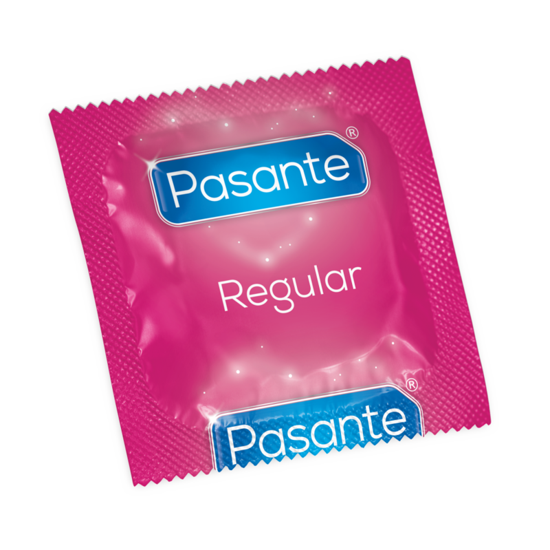 Embalagem dos Preservativos PASANTE Regulares 12 Unidades, destacando a marca e o conteúdo.