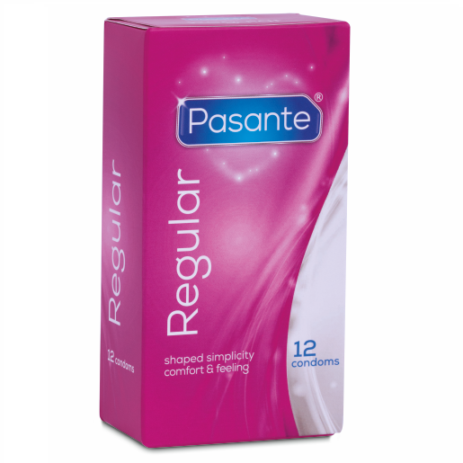 Embalagem dos Preservativos PASANTE Regulares 12 Unidades, destacando a marca e o conteúdo.