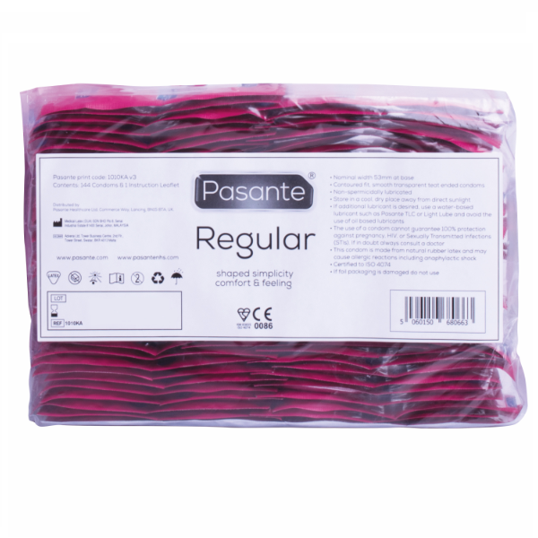 Detalhe dos Preservativos PASANTE Gama Regular 144 Unidades, realçando a embalagem e o tipo de preservativo.