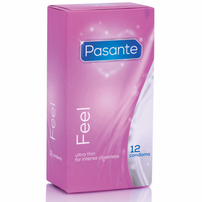 Caixa de preservativos PASANTE Ultra Finos Sensíveis com 12 unidades.