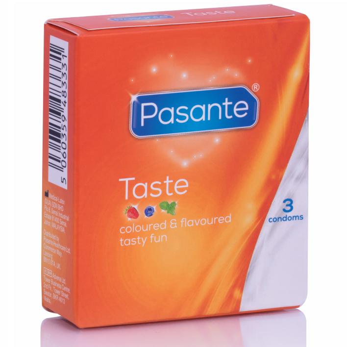 Pack de 3 preservativos PASANTE com sabores variados: menta, morango, chocolate e mirtilo.