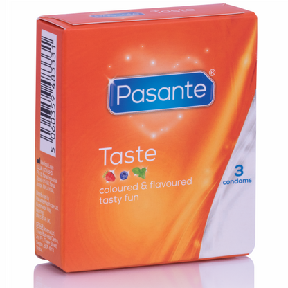 Pack de 3 preservativos PASANTE com sabores variados: menta, morango, chocolate e mirtilo.