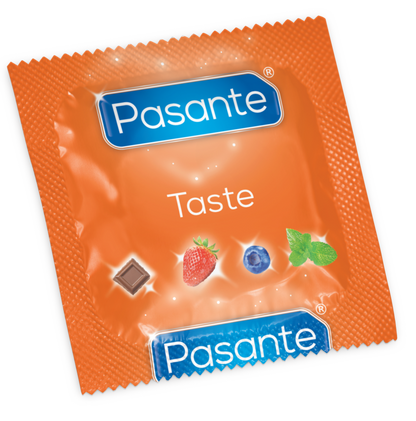 Pack de 3 preservativos PASANTE com sabores variados: menta, morango, chocolate e mirtilo.