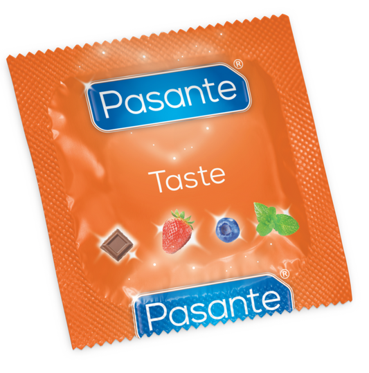 Embalagem dos preservativos PASANTE Sabores Variados 12 Unidades com destaque para os sabores e a marca.