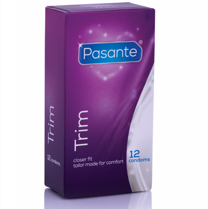 Embalagem de preservativos PASANTE Thin Trim, 12 unidades, para um ajuste confortável e seguro.