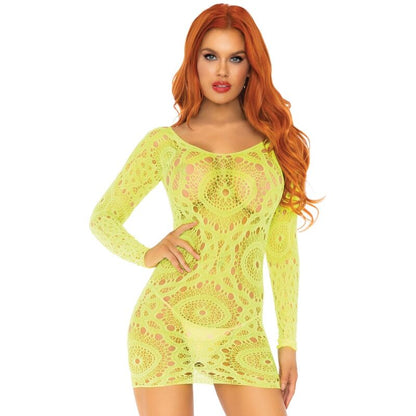 Mini Vestido de Renda de Crochê LEG AVENUE Neon com Manga Comprida