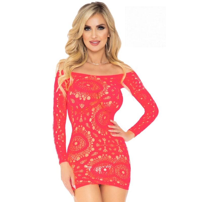 Mini Vestido LEG AVENUE de Crochê de Renda Vermelho de Manga Comprida, exibindo detalhes do tecido e ajuste ao corpo.