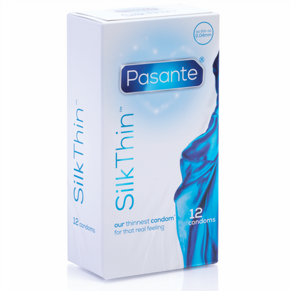 Close-up of the PASANTE Preservativo Seda MS Fine Ultra Fino 12 Unidades showing its packaging and features.
