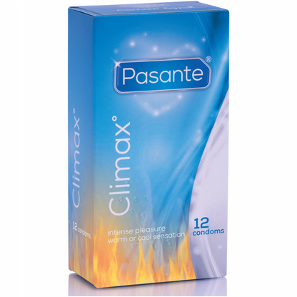 Preservativos PASANTE Climax Mix Efeito Calor e Fresco 12 Unidades, embalagem e detalhes das sensações.