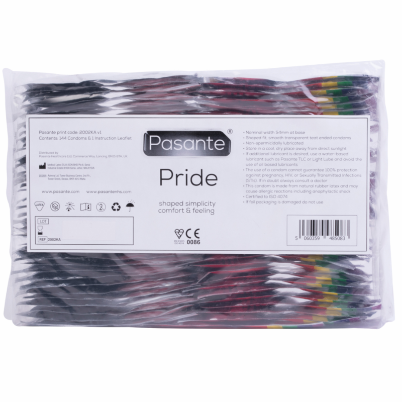 Embalagem dos Preservativos PASANTE Pride Cónicos 144 unidades, realçando a marca e o design.