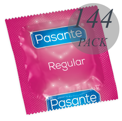 Detalhe dos Preservativos PASANTE Gama Regular 144 Unidades, realçando a embalagem e o tipo de preservativo.