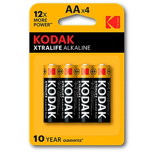Pack de 4 Pilhas Alcalinas KODAK XTRALIFE AA LR6 para dispositivos eletrónicos.