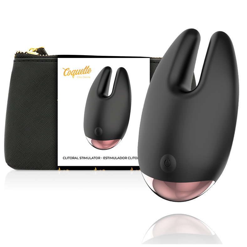 Coquette Chic Desire Estimulador Clitoriano Recarregável Preto/Ouro com 10 Vibrações, exibindo seu design elegante e material de silicone.