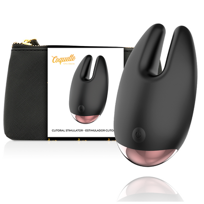 Coquette Chic Desire Estimulador Clitoriano Recarregável Preto/Ouro com 10 Vibrações, exibindo seu design elegante e material de silicone.