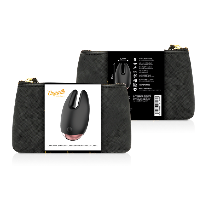 Coquette Chic Desire Estimulador Clitoriano Recarregável Preto/Ouro com 10 Vibrações, exibindo seu design elegante e material de silicone.