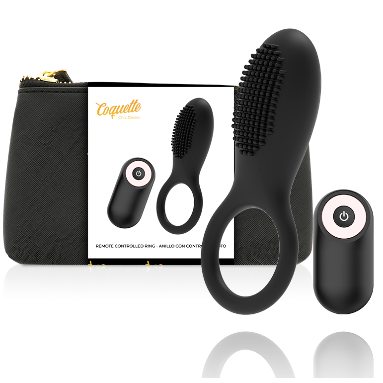 COQUETTE CHIC DESIRE Anel Peniano Vibratório com Controle Remoto Recarregável Preto/Ouro e sua bolsa de luxo.
