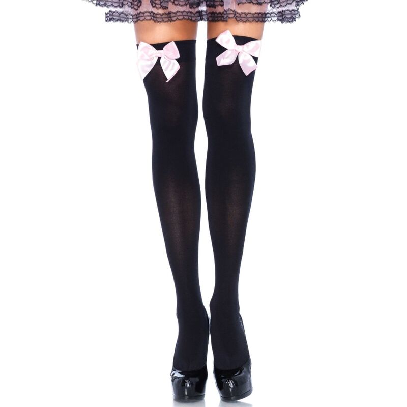LEG AVENUE - PANTALONES DE NYLON NEGROS CON LAZO ROSA - TALLA ÚNICA