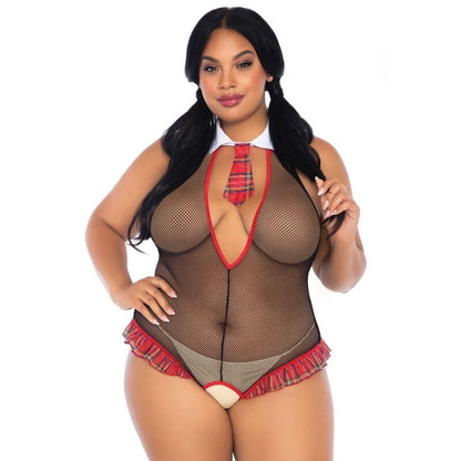 Teddy escolar crothless LEG AVENUE plus size com detalhes em rede arrastão.