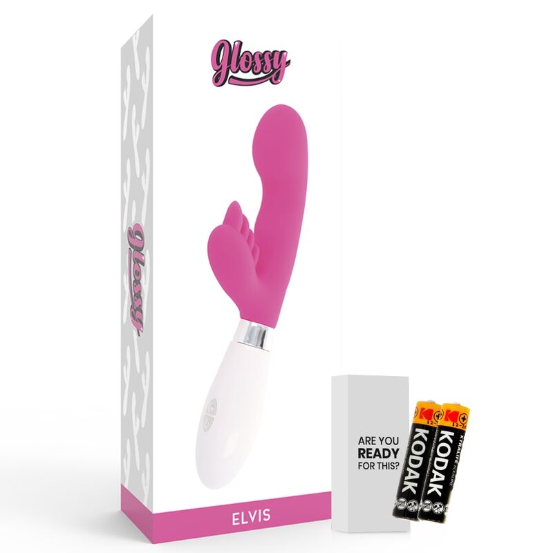 Close-up do vibrador coelho GLOSSY Elvi Rosa, mostrando seu design ergonómico e material de silicone.