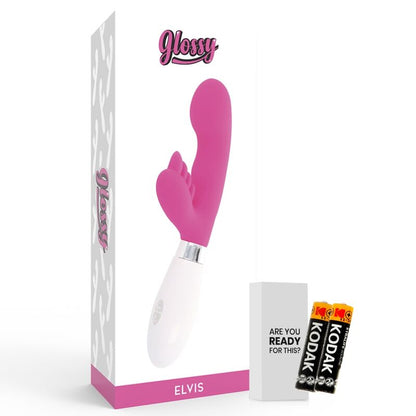 Close-up do vibrador coelho GLOSSY Elvi Rosa, mostrando seu design ergonómico e material de silicone.