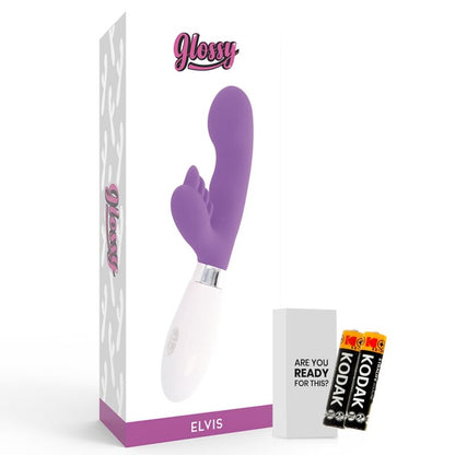 Close-up do Vibrador de Coelho GLOSSY Elvis Roxo, destacando o design ergonómico de silicone e o estimulador.