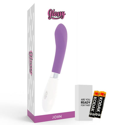 GLOSSY Vibrador John Curvo Roxo, mostrando seu design ergonómico e cor vibrante.
