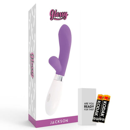 Close-up of the GLOSSY Massageador Coelho Jackson Roxo, highlighting its silicone texture and design for G-spot stimulation.