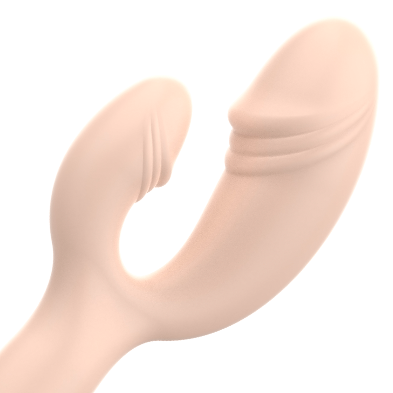 Close-up do Vibrador Coelho OHMAMA Clássico, mostrando seu design ergonómico de silicone e o estimulador de clítoris.