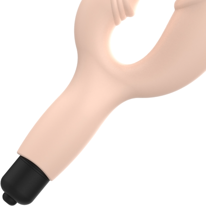 Close-up do Vibrador Coelho OHMAMA Clássico, mostrando seu design ergonómico de silicone e o estimulador de clítoris.