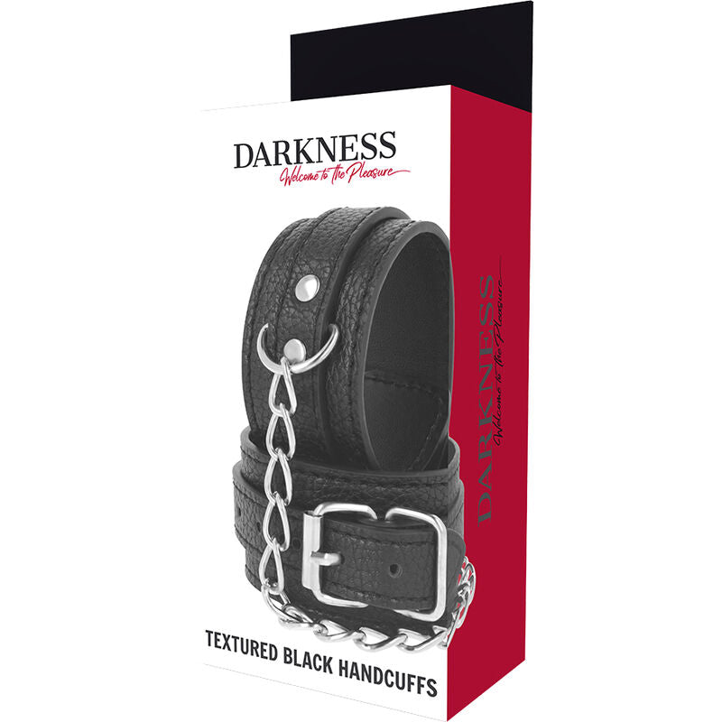 Algemas de couro texturado preto DARKNESS para BDSM e jogos de fetiche.