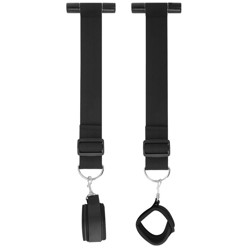 Close-up das Algemas de Porta Bondage Darkness, mostrando as tiras de nylon ajustáveis e os tubos de acrílico para fixação.