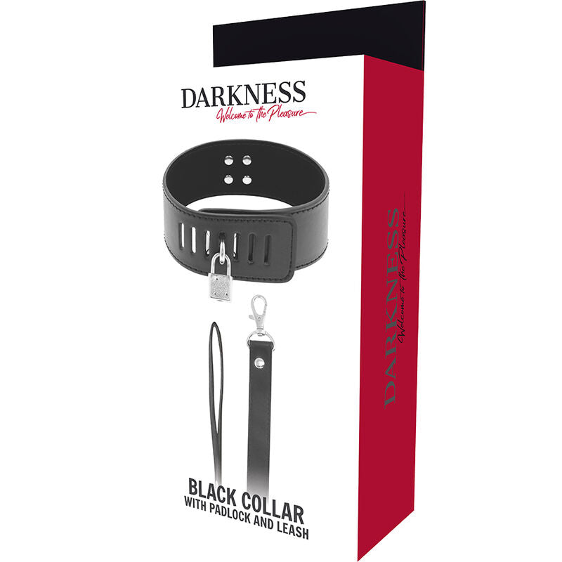 Close-up do Colar BDSM Darkness com Fechadura Preta, mostrando o design em neoprene, puleather e a corrente.