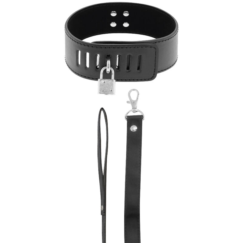 Close-up do Colar BDSM Darkness com Fechadura Preta, mostrando o design em neoprene, puleather e a corrente.