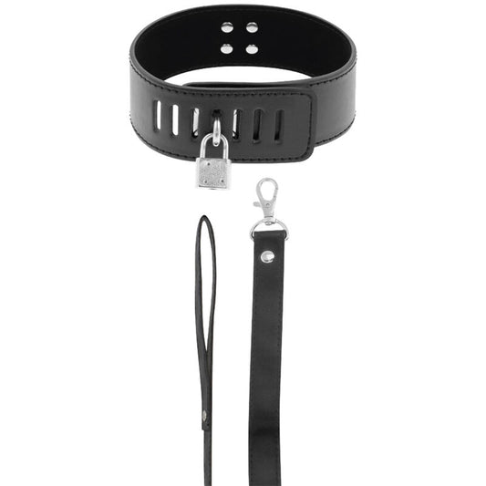 Close-up do Colar BDSM Darkness com Fechadura Preta, mostrando o design em neoprene, puleather e a corrente.