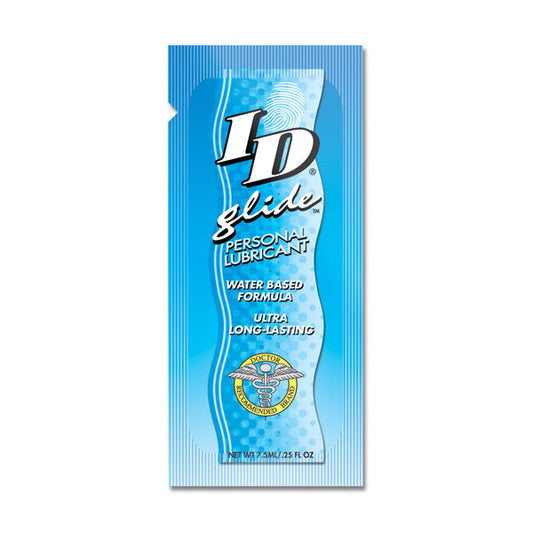 Close-up of the 'ID Glide Lubrificante Íntimo À Base de Água 7,5 ML' showing its packaging and texture.
